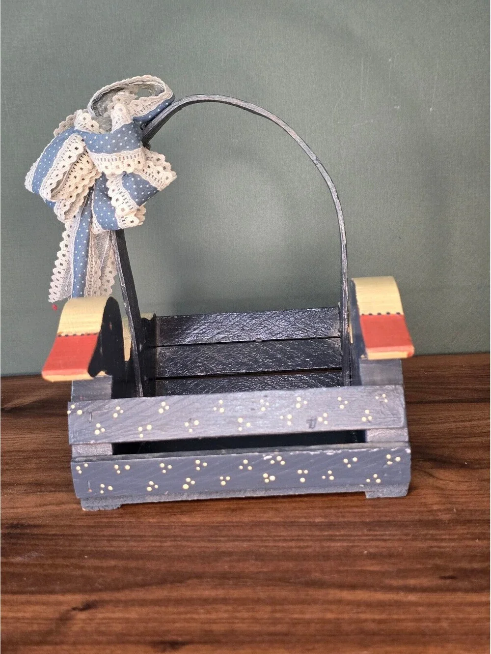Vintage Wooden Duck Basket Blue Hand Painted Farmhouse Decorative Trug